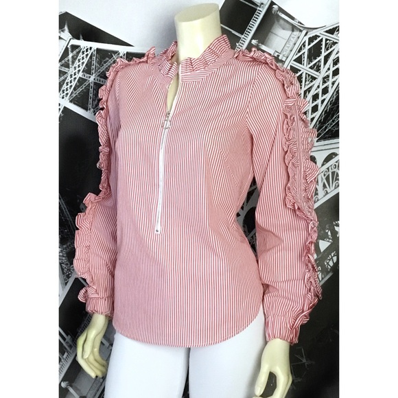 GREYSON Red and White Ruffle Sleeve Shirt - Picture 2 of 5